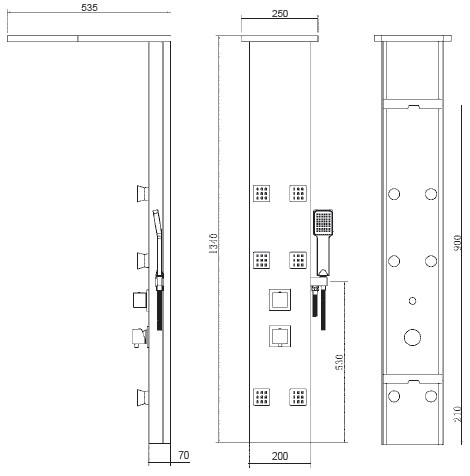 P5046 <ul>
<li>Στήλη υδρομασάζ από υλικό ABS χρωμιωμένο</li>
<li>Ντους οροφής</li>
<li>Καταρράκτης οροφής</li>
<li>Μοντέρνος σχεδιασμός με προβολή του ντους 53,5 cm</li>
<li>Ντους χειρός με βάση στήριξης και σπιράλ</li>
<li>6 jets υδρομασάζ ρυθμιζόμενα</li>
<li>Μίκτης νερού</li>
<li>Διαχωριστής επιλογών ροής νερού</li>
<li>Κώδωνας και τηλέφωνο anticalcare</li>
<li>Διαστάσεις: 134 x 20 cm</li>
<li>Εγγύηση 24 μηνών</li>
</ul>
<p><img src="https://b2b.karag.gr/media/wysiwyg/P5046-sxedio.jpg" alt="" width="367" height="372" /></p>