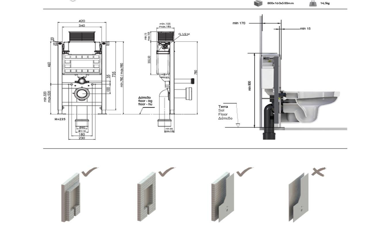 T06 5113 <p>Καζανάκι εντοιχισμού ειδικών διαστάσεων για χαμηλό ύψος με διπλή έξοδο πλακέτας, επάνω ή κάτω αντίστοιχα. Στερεώνεται στο δάπεδο και στον τοίχο για μέγιστη αντοχή. Τοποθετείτε σε μονό ή διπλό τούβλο και σε τούβλο με κάλυψη γυψοσανίδας.</p>
<p>Τα νέα εντοιχισμένα καζανάκια είναι πλήρως μονωμένα με διογκωμένη πολυστερίνη. Αυτή η μόνωση βοηθά το εντοιχισμένο καζανάκι να αποκτήσει εξαιρετική αντίσταση στην κρούση και διπλή μείωση της στάθμης θορύβου. Ο όγκος του νερού είναι 6lt μέγιστο. Η δεξαμενή είναι εξοπλισμένη με ορειχάλκινη διπλή βαλβίδα εκκένωσης. Οι όγκοι έκπλυσης μπορούν να ρυθμιστούν 3lt ή 6lt. Η πλακέτα χειρισμού δεν περιλαμβάνετε στο σετ του καζανακίου. Όλα τα μοντέλα συνοδεύονται με συστολή 100/90 η οποία επιτρέπει την μετατροπή της αποχέτευσης από Ø100 σε Ø90 καθώς και ρυθμιζόμενες ντίζες στήριξης της λεκάνης που ρυθμίζονται για διάκεντρο 18cm ή 23cm. Το πλαίσιο των καζανακίων είναι ηλεκτροστατικά βαμμένο με αποξειδική βαφή, ενώ οι βάσεις ρύθμισης του ύψους είναι γαλβάνιζέ. Το μέγιστο φορτίο ανάρτησης είναι 400Kg.</p>
<p><img src="https://b2b.karag.gr/media/wysiwyg/T06-5113-sxedio.jpg" alt="" width="680" height="425" /></p>