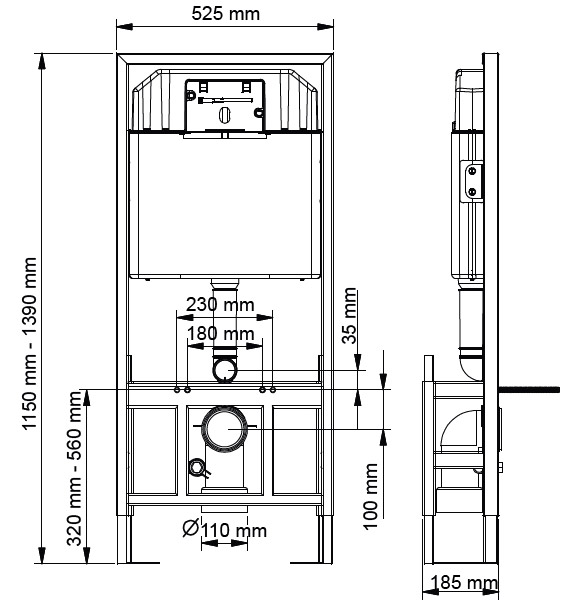 SXEDIO 112 002 drawing 029 Καζανάκι εντοιχισμού τοίχου με πόδια στήριξης για αναρτώμενες λεκάνες T112-002 KARAG 5206836685922 T112-002