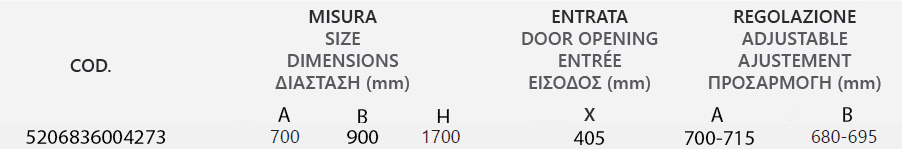 NEW FLORA 100 CROMO RECT 1700 <ul>
<li>Δύο συρόμενες πόρτες και δύο σταθερά κρύσταλλα</li>
<li>Κρύσταλλο ασφαλείας 6 mm</li>
<li>Προφίλ ανοδιωμένου αλουμινίου</li>
<li>Σύστημα μαγνητικού κλεισίματος</li>
<li>Διπλά ροδάκια ολίσθησης.</li>
<li>Εγγύηση 72 μηνών</li>
</ul>
<p>Μπορεί να συνδυαστεί με τα προφίλ προέκτασης <a href="https://b2b.karag.gr/el/antal-profil-proektasis-kspl-180cm-gia-kslp062-5mm-5206836552590" target="_blank" rel="noopener">+30x1800mm KSLP</a> και τοίχου <a href="https://b2b.karag.gr/el/antal-profil-proektasis-flora-a10-n-p-inoch-8ch190cm-5206836516783" target="_blank" rel="noopener">+80x30x2000mm A10</a>, <a href="https://b2b.karag.gr/el/antal-profil-proektasis-flora-5cmch200-n50-chrome-5206836040318" target="_blank" rel="noopener">+40x29x2000mm N50</a></p>
<p>Για τον καθαρισμό μεταλλικών μερών της καμπίνας, χρησιμοποιήστε μόνο νερό και μαλακό πανί. Μην επιλέγετε καθαριστικά τύπου Viakal.</p>
<p>Για όλα τα είδη καμπινών διαθέτουμε πλήρη γκάμα εξαρτημάτων και ανταλλακτικών.</p>
<p><img src="{{media url="wysiwyg/new-flora-100-1700-sxedio.jpg"}}" alt="" width="434" height="174" /></p>