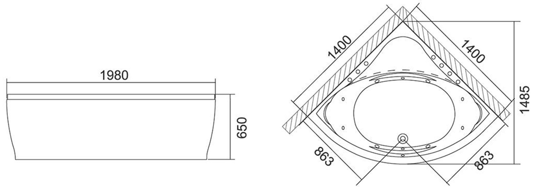 K 1080 Μπανιέρα με σύστημα υδρομασάζ CONCORDIA K-1080 KARAG 140x140x65cm 5206836523514 K-1080