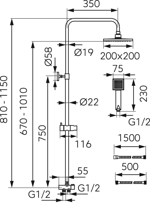 NP46 Κολόνα σταθερού ντους WIZARD SQUARE NP46 FERRO 5903738222117 NP46